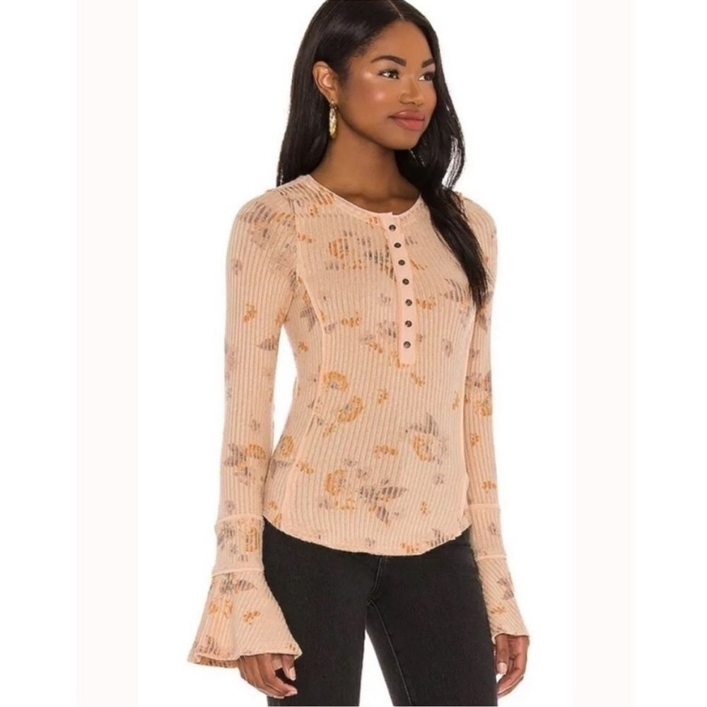 NWT FREE PEOPLE Ribbed Long Sleeve Floral Top - Picture 5 of 13